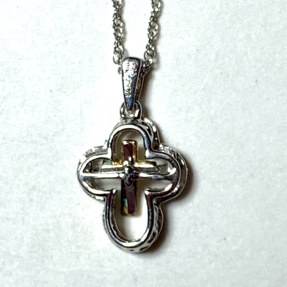 Sterling and Gold Diamond Cross Necklace - Picture 7 of 9